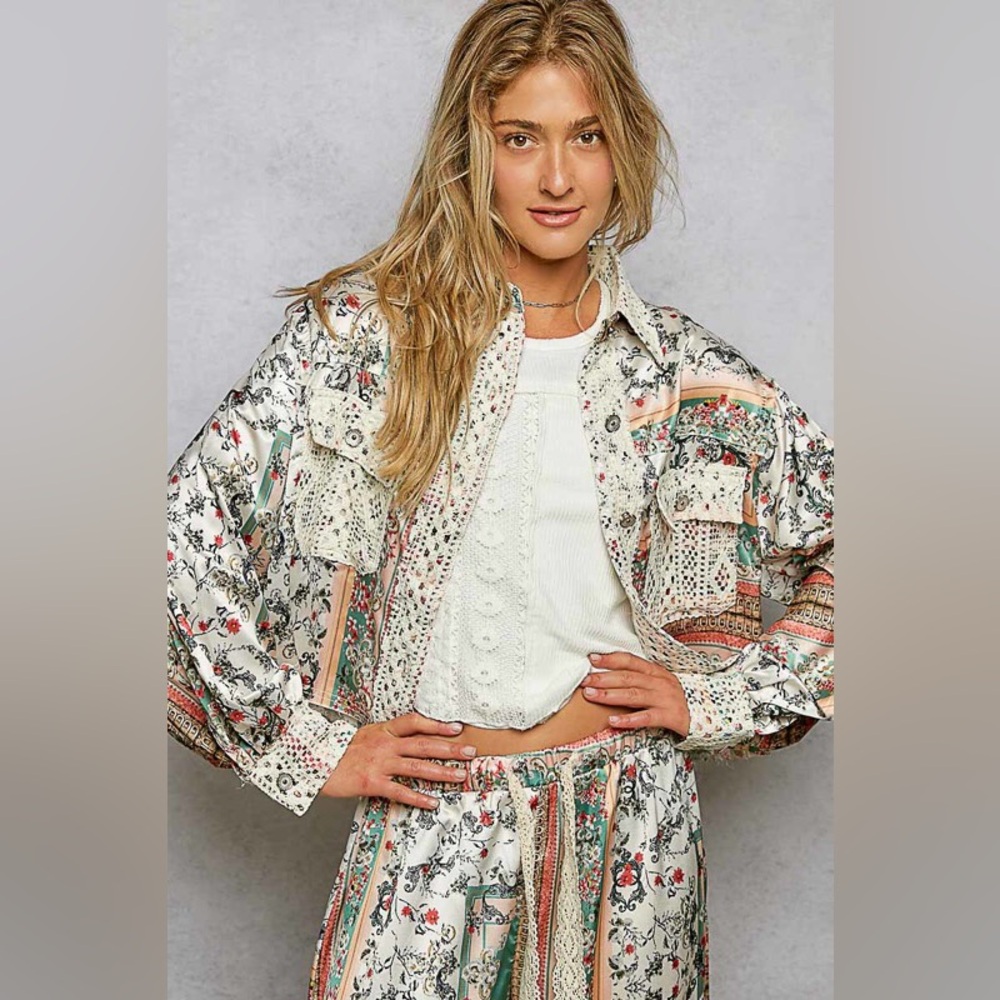 POL Floral Women's jogger and jacket set medium jade green off-white, peach NWOT - Picture 2 of 3